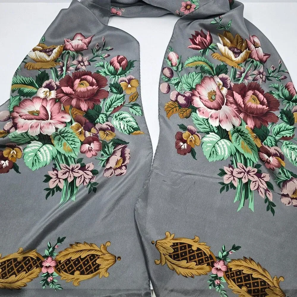 VTG Baar & Beards 100% Silk Scarf Gray Rose Floral Gold Scroll Japan Oblong